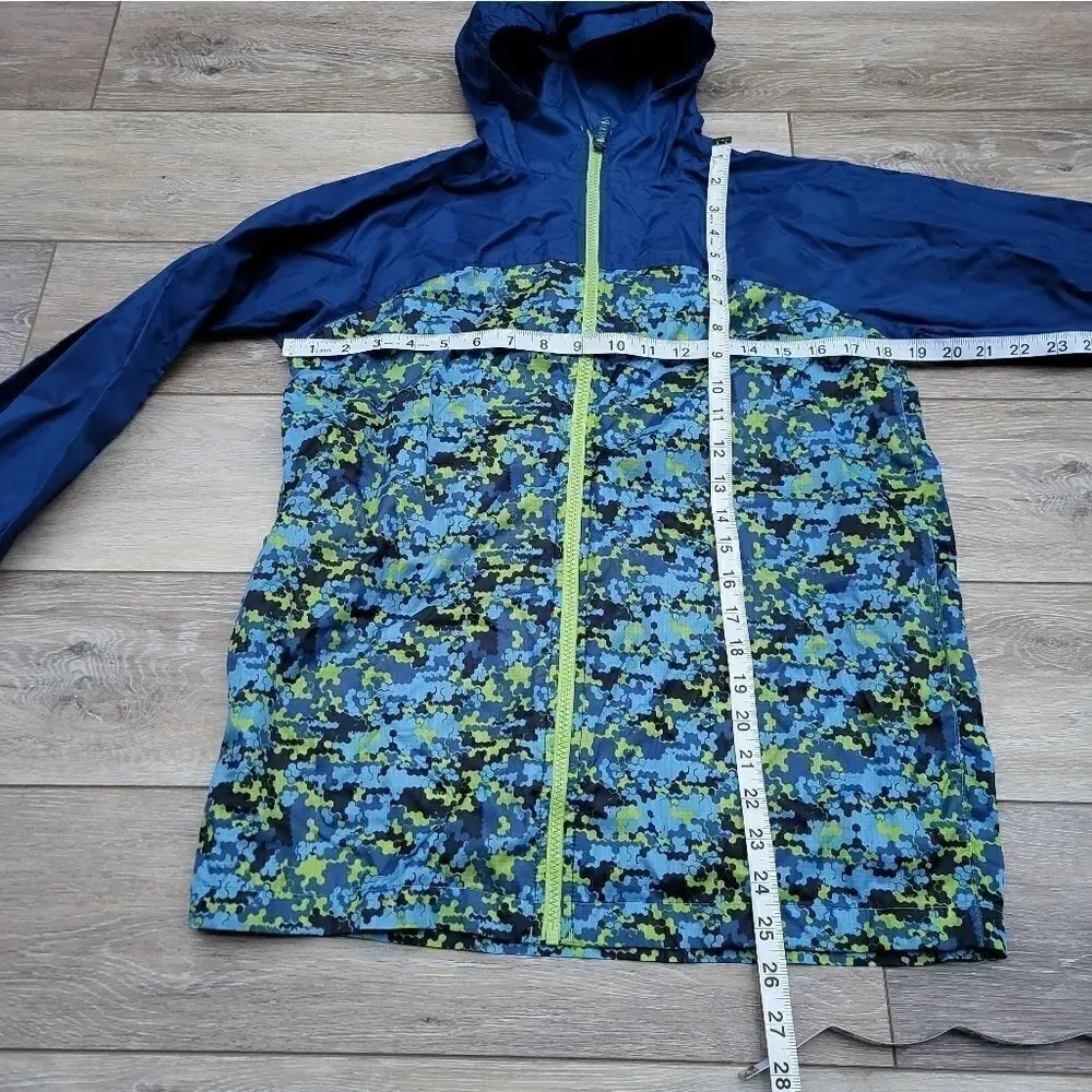 Lands End Boys Hooded Jacket Blue Green Geometric Full Zip Front